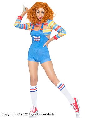 Chucky aus "Chucky – Die Mörderpuppe" (Frau), Kostüm-Top und -Romper, Tasten, Tasche, horizontale Streifen